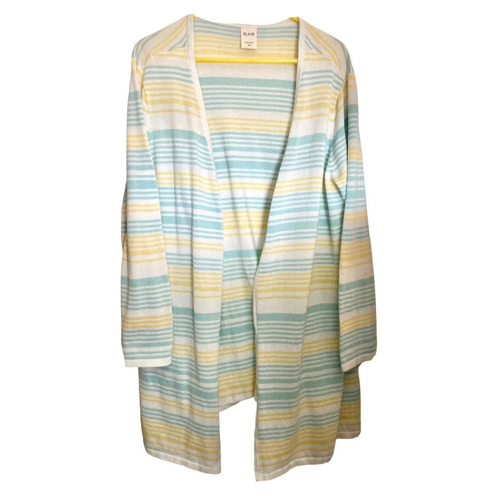 Blair 2XL Open Front Longer Sweater White Yellow Blue Stripe Women’s 2XL Spring
